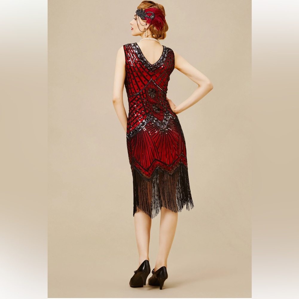 BABEYOND Flapper Cocktail Vintage Era Red Black Sequin Dress Great Cond L - Picture 2 of 6